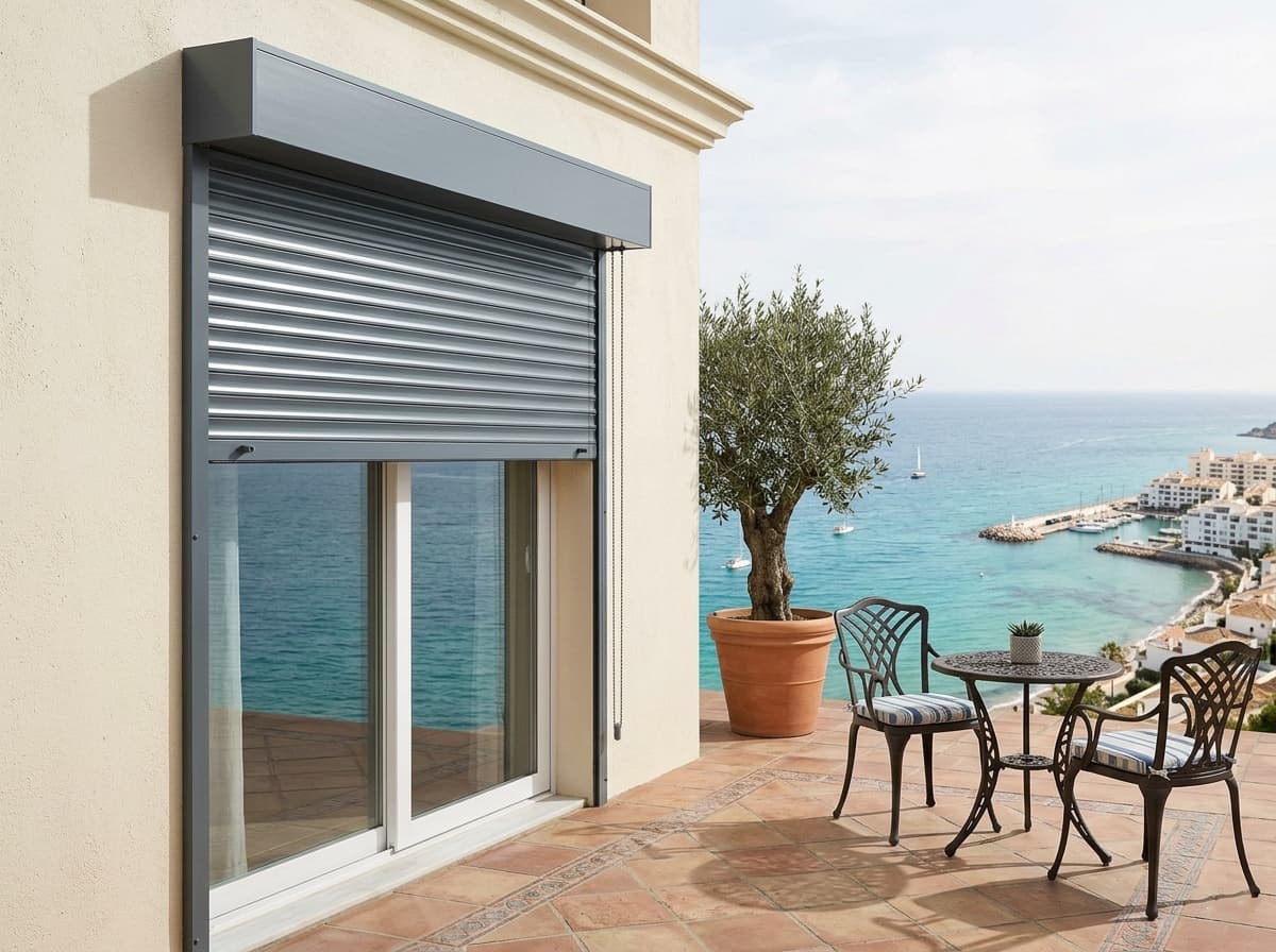 Persiana exterior enrollable de aluminio en ventana de vivienda, Costa del Sol
