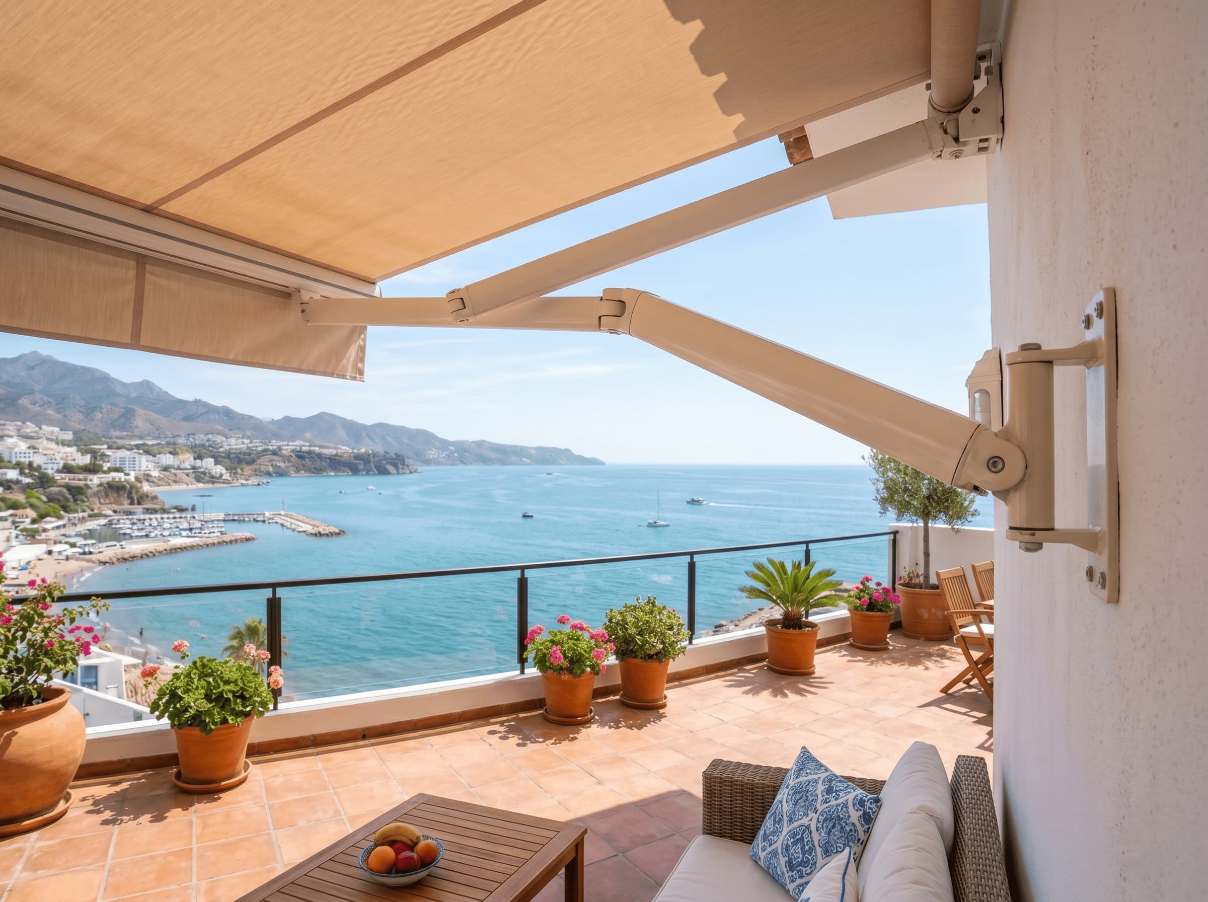 Toldo extensible de brazo articulado en terraza residencial, Costa del Sol