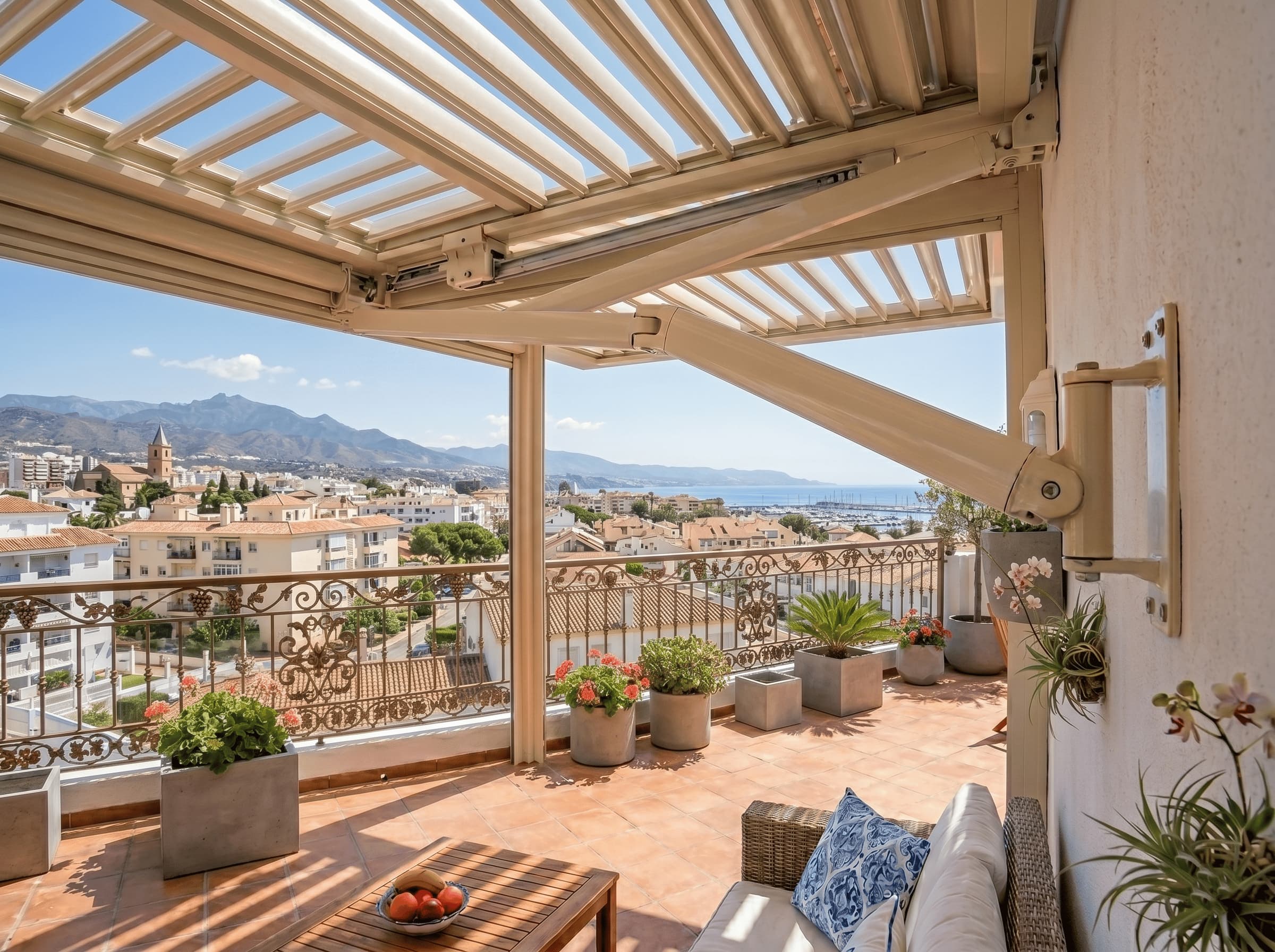Pérgola bioclimática con techo retráctil instalada en jardín, Costa del Sol